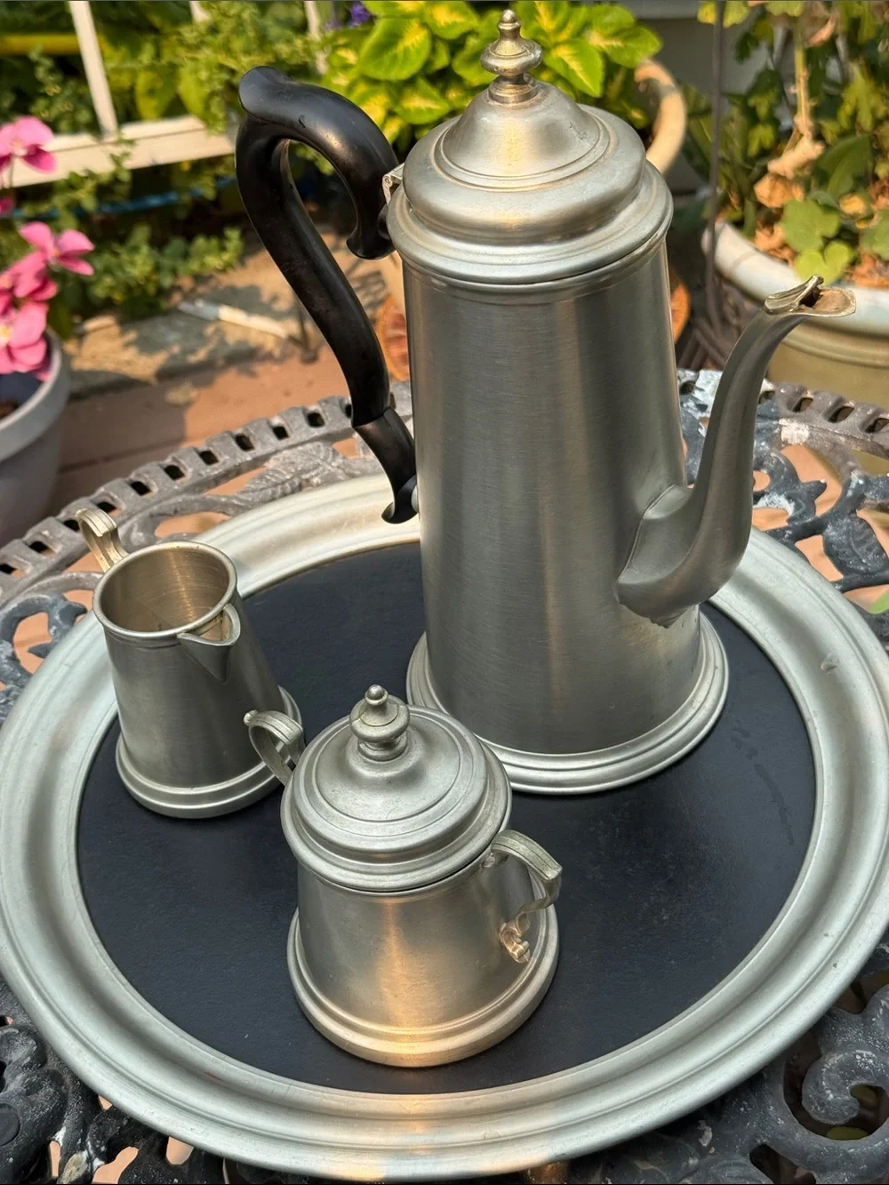 Vintage-Style Silver Coffee & Cream Set with Black Handle